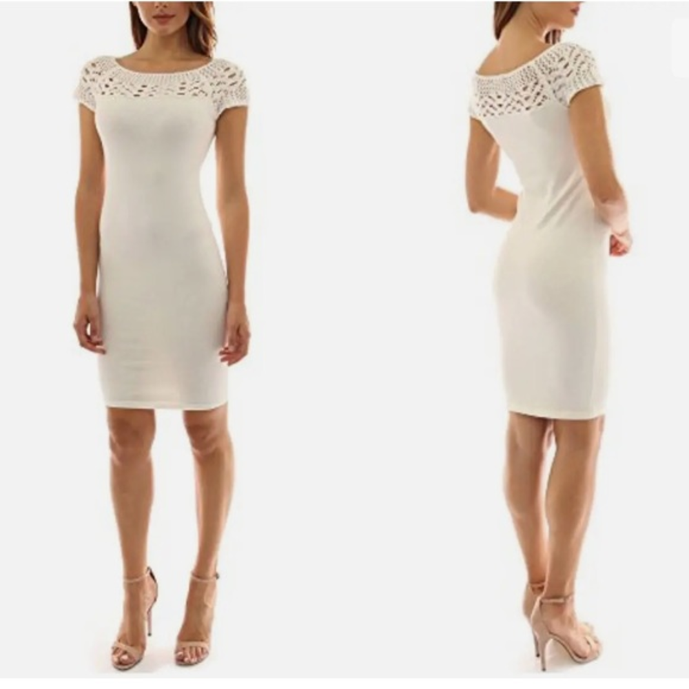 Patty‎ Boutik Sz L Ivory Sheath Sweater Dress Cap Sleeve Open Crochet Top NWT